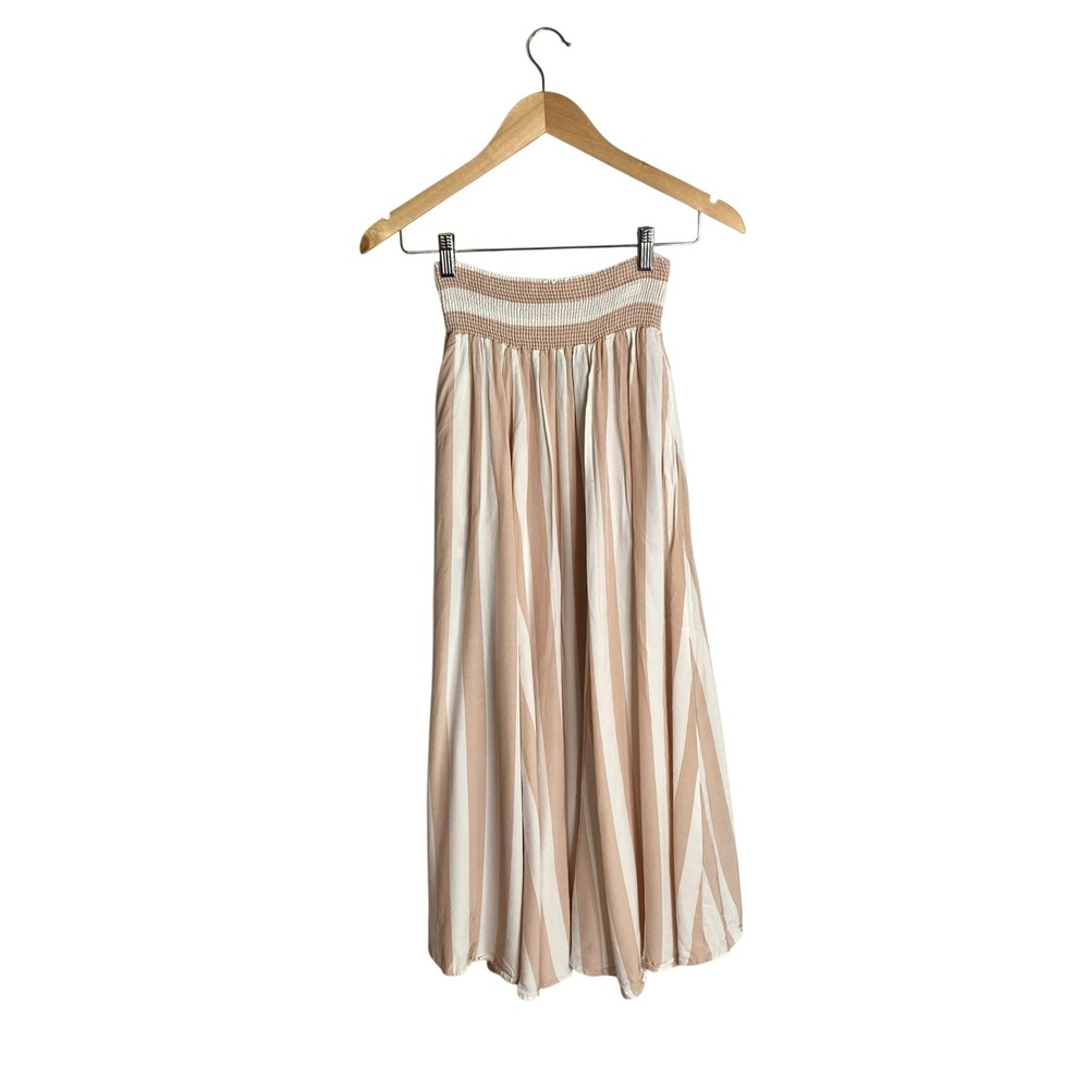 VTG 90s J By Shelli Segal Beige Tan Striped Smocked Midi Skirt M Boho Coastal